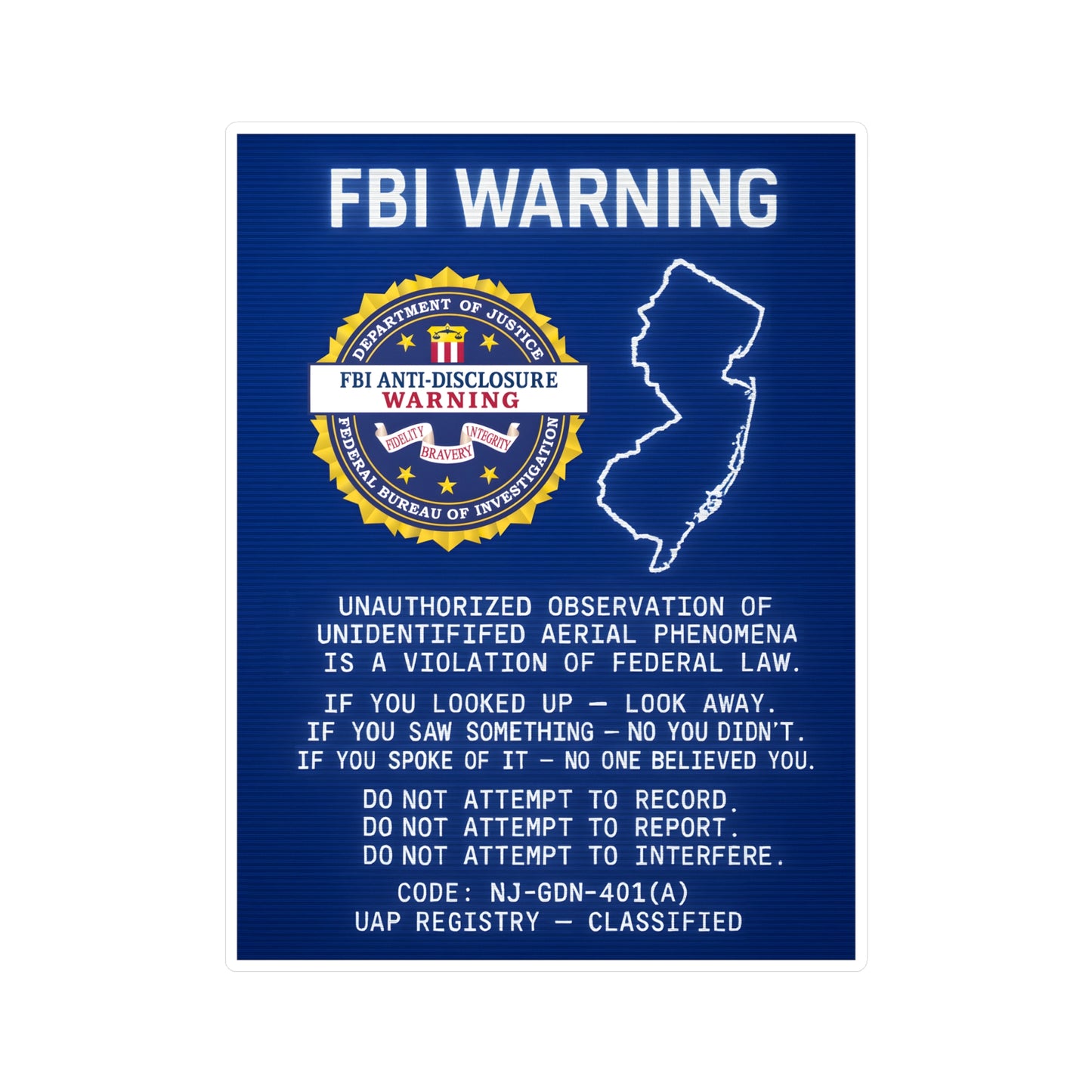 FBI WARNING (NJ Edition) — Vinyl Sticker